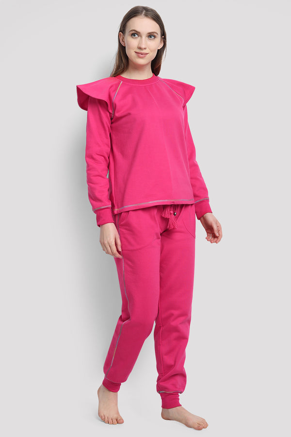 Ruffle Shoulder Co-ord Lounge Set (Pink)