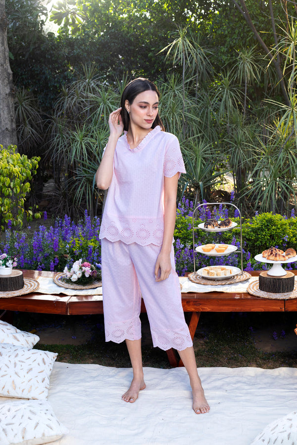 Pink Dawn Dobby Capri Set