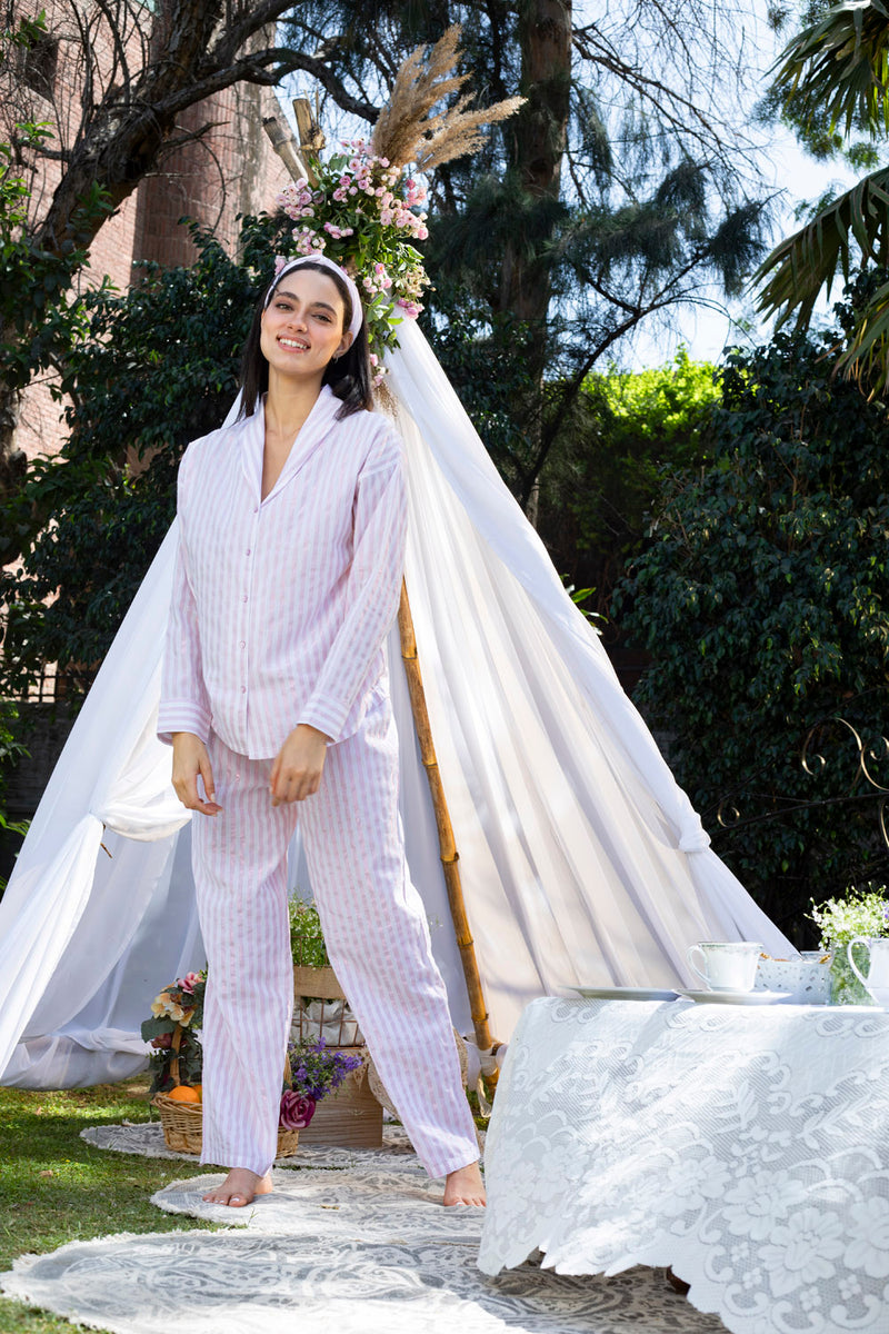 White/Pink Lurex Stripe Pyjama Set