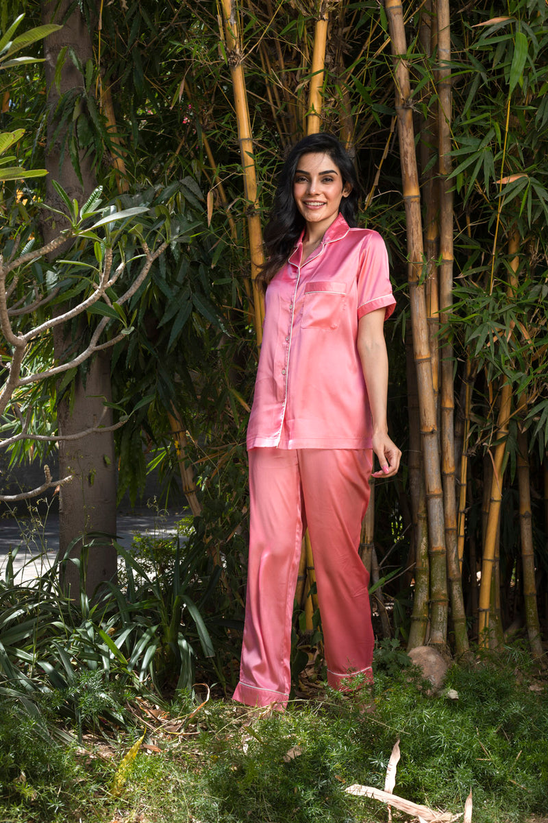 Dark Pink Satin Lapel Collar Pyjama Set