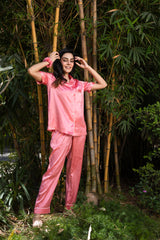 Dark Pink Satin Lapel Collar Pyjama Set