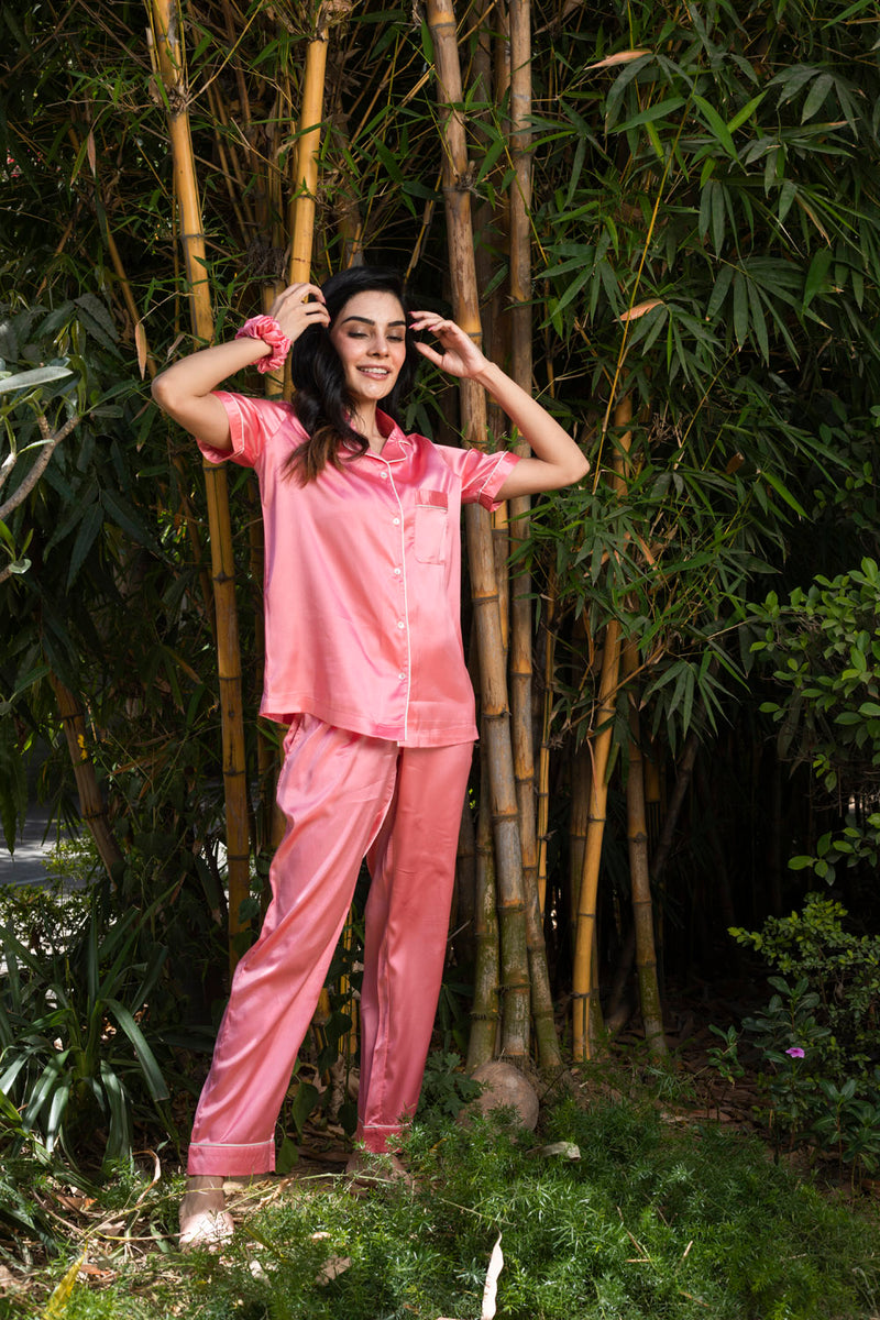 Dark Pink Satin Lapel Collar Pyjama Set