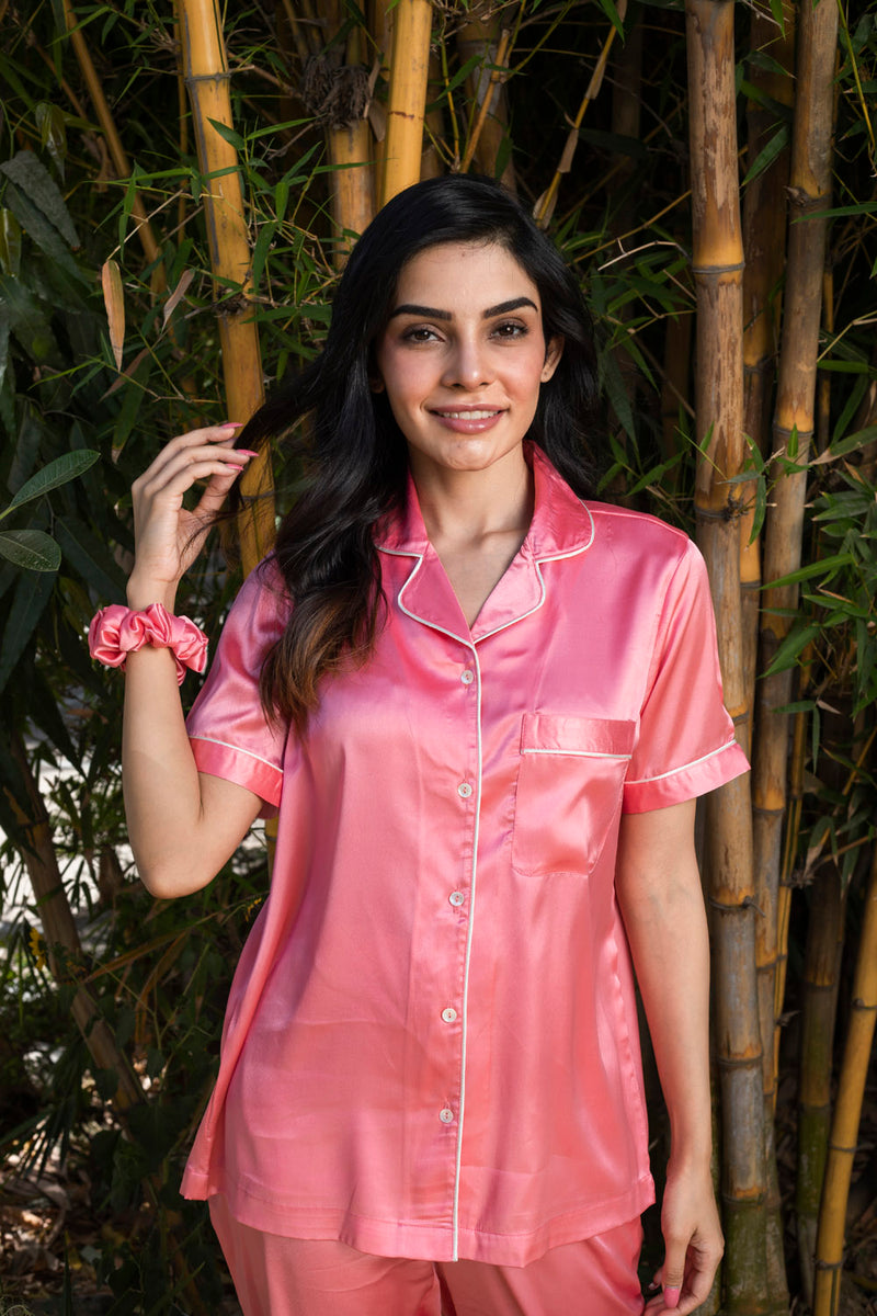 Dark Pink Satin Lapel Collar Pyjama Set
