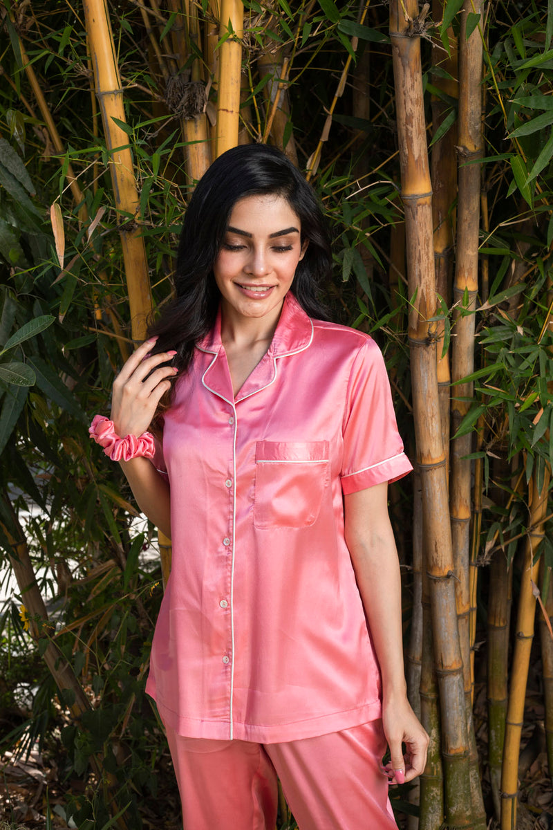 Dark Pink Satin Lapel Collar Pyjama Set