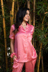 Dark Pink Satin Lapel Collar Pyjama Set