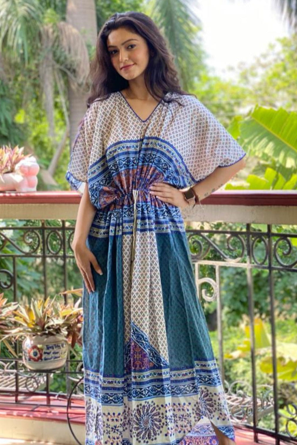 Cream/Blue Panel Print Kaftan